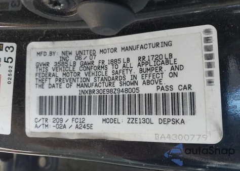 2008 Toyota Corolla S z USA, uszkodzony, nr VIN 1NXBR30E98Z948005